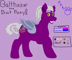 Size: 3000x2500 | Tagged: safe, artist:batpony, derpibooru import, oc, oc:balthazar, unofficial characters only, bat pony, acoustic guitar, bat pony oc, bat wings, bisexual pride flag, chubby, dreadlocks, eyelashes, fangs, gray mane, gray tail, guitar, image, membranous wings, musical instrument, png, pride, pride flag, purple fur, solo, thick eyelashes, transgender pride flag, wings, yellow eyes