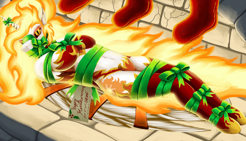 Size: 2153x1233 | Tagged: suggestive, artist:quakehoof, derpibooru import, daybreaker, anthro, unguligrade anthro, g4, bdsm, bondage, bound wings, bra, breasts, busty daybreaker, christmas, christmas stocking, clothes, fireplace, gag, hands behind back, holiday, image, implied discord, implied kidnapping, knee tied, looking at you, muzzle gag, panties, png, ribbon, thigh socks, underwear, wings