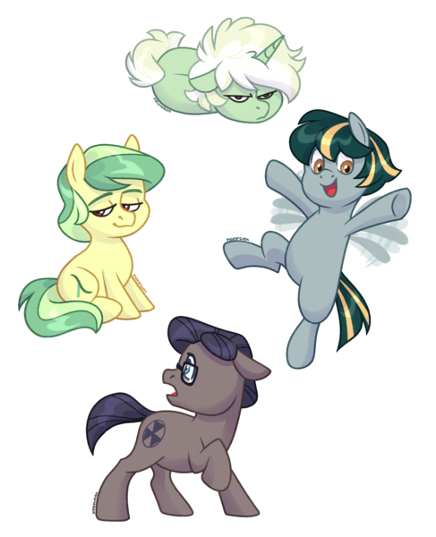 Size: 1497x1844 | Tagged: safe, artist:pigeorgien, derpibooru import, oc, oc:fallout, oc:half-life, oc:trefoil clover, oc:uranium fever, unofficial characters only, earth pony, pegasus, pony, unicorn, chibi, female, flapping wings, flying, glasses, horn, image, lying down, male, mare, png, simple background, sitting, stallion, white background, wings