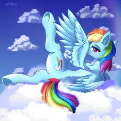 Size: 3000x3000 | Tagged: safe, artist:divori, derpibooru import, rainbow dash, pegasus, pony, g4, cloud, female, image, looking at you, lying, mare, png, raised hoof, solo, solo female, spread wings, wings