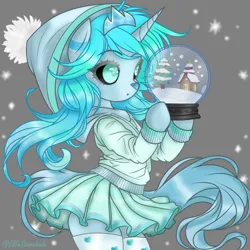 Size: 1024x1024 | Tagged: safe, artist:ella_starshade, derpibooru import, oc, oc:eliza snowglobe, unicorn, clothes, crown, horn, image, jewelry, png, regalia, simple background, snow, snow globe, socks, tiara, winter