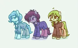 Size: 1033x638 | Tagged: safe, artist:plunger, ponerpics import, oc, unofficial characters only, earth pony, pony, clothes, earth pony oc, female, image, mare, png, simple background, smiling, trio, unamused