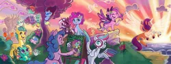 Size: 2000x750 | Tagged: safe, artist:sophie scruggs, derpibooru import, idw, official, hitch trailblazer, izzy moonbow, kenneth, pipp petals, princess cadance, sparky sparkeroni, sunny starscout, violette rainbow, zipp storm, alicorn, bird, crab, dragon, earth pony, pegasus, pony, rabbit, raccoon, seagull, snail, unicorn, g4, g5, my little pony: a new generation, :p, animal, artificial horn, artificial wings, augmented, baby, baby dragon, bracelet, bunnicorn, cloud, colored wings, colored wingtips, comic cover, cover, cover art, diadem, drawing, eyes closed, female, filly, flower, flower in hair, flying, foal, grin, horn, image, jewelry, jpeg, magic, magic horn, magic wings, male, mane stripe sunny, mare, mcsnips-a-lot, misty brightdawn, multicolored wings, ocean, official comic, open mouth, open smile, outdoors, pegasnail, raccoonicorn, race swap, raised hoof, rebirth misty, regalia, royal sisters (g5), siblings, sisters, smiling, sparkles, sparkly eyes, spread wings, stallion, statue, sunnycorn, tongue out, unshorn fetlocks, water, wingding eyes, wings