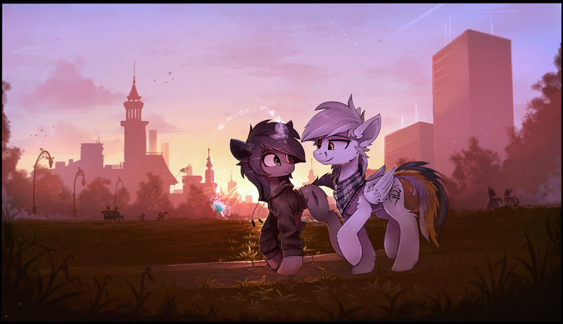 Size: 2453x1415 | Tagged: safe, artist:ramiras, derpibooru import, oc, oc:kate, oc:kej, unofficial characters only, pegasus, pony, unicorn, bandana, city, clothes, commission, couple, duo, duo male and female, female, folded wings, glow, glowing horn, horn, image, k+k, levitation, looking at each other, looking at someone, magic, magic aura, male, mare, oc x oc, outdoors, park, png, scenery, shipping, smiling, smiling at each other, stallion, straight, sunset, sweater, telekinesis, wings