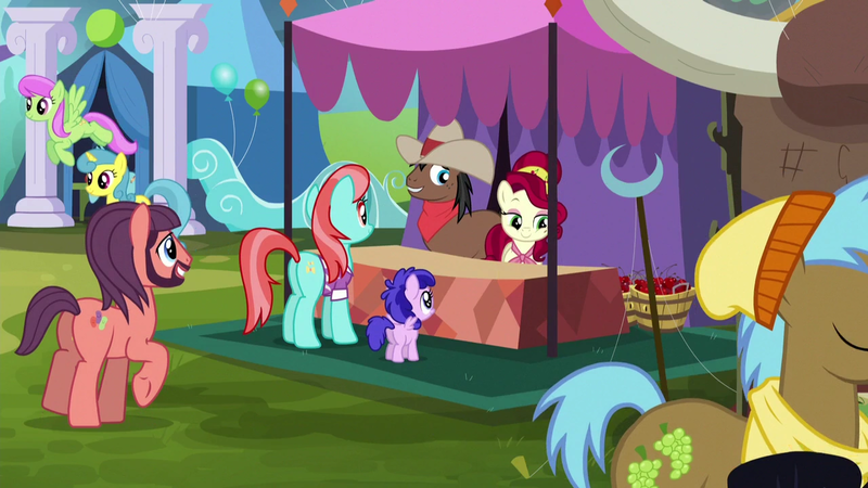 Size: 1280x720 | Tagged: safe, derpibooru import, screencap, cherry jubilee, full steam, lemon hearts, merry may, neigh sayer, northern song, plumberry, promontory, strawberry ice, ponified, pony, g4, party pooped, george harrison, image, my little pony, png, ponyville