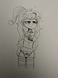 Size: 3024x4032 | Tagged: suggestive, artist:tjpones, derpibooru import, wallflower blush, human, equestria girls, g4, christmas, christmas sweater, clothes, female, frown, grayscale, hat, holiday, image, jpeg, lidded eyes, monochrome, panties, pen drawing, pubic hair, pubic hair slip, santa hat, sleepy, socks, solo, solo female, striped socks, sweater, thigh highs, traditional art, underwear