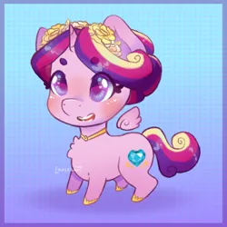 Size: 1080x1080 | Tagged: safe, artist:larizzart, derpibooru import, princess cadance, alicorn, pony, g4, alternate hairstyle, blushing, chest fluff, chibi, cute, cutedance, female, floating wings, image, mare, open mouth, open smile, png, smiling, solo, wings