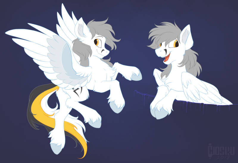 Size: 2054x1415 | Tagged: safe, artist:hioshiru, derpibooru import, oc, oc:kej, unofficial characters only, pegasus, pony, black and yellow, blue background, chest fluff, concave belly, cute, ear fluff, fluffy, image, leg fluff, male, open mouth, pegasus oc, png, simple background, slender, solo, spread wings, stallion, striped tail, style emulation, tail, thin, unshorn fetlocks, wings