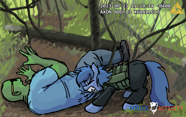 Size: 606x384 | Tagged: safe, artist:plunger, ponerpics import, oc, oc:anon, unofficial characters only, earth pony, human, pony, biting, camera shot, clothes, detailed background, earth pony oc, female, fence, glasses, grass, image, jeans, lying down, mare, pants, png, pony oc, screaming, shirt, shoes, t-shirt, text, vest