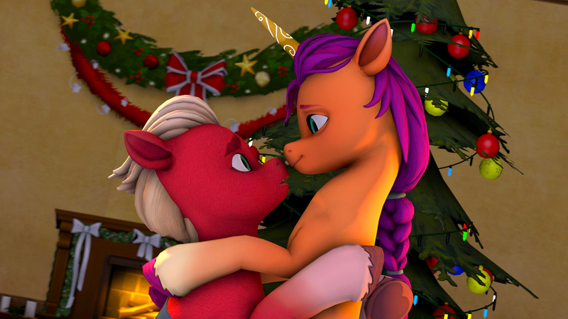 Size: 1920x1080 | Tagged: suggestive, artist:franzu5ik, derpibooru import, sprout cloverleaf, sunny starscout, earth pony, pony, g5, christmas, christmas lights, christmas tree, coat markings, duo, duo male and female, female, female on male, happy new year, holiday, hug, image, looking at each other, looking at someone, love, male, mare, mare on stallion, new year, png, romance, romantic, ship:sunnyclover, shipping, socks (coat marking), stallion, straight, tree, unshorn fetlocks