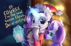 Size: 3200x2100 | Tagged: safe, artist:candy meow, derpibooru import, rarity, sweetie belle, pony, unicorn, g4, awkward smile, cheek fluff, christmas, christmas tree, clothes, coat, costume, duo, ear fluff, fake beard, female, filly, foal, garland, hat, holiday, horn, image, looking at someone, looking at you, looking back, looking back at you, magic, mare, png, present, santa beard, santa claus, santa coat, santa costume, santa hat, smiling, sticky note, sweetie belle is not amused, telekinesis, text, tree, unamused