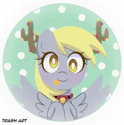 Size: 2028x2048 | Tagged: safe, artist:eltrash_art6, derpibooru import, derpy hooves, pegasus, pony, :p, bell, bell collar, christmas, christmas lights, collar, cute, derpabetes, fake antlers, female, hairband, holiday, icon, image, jpeg, mare, snow, solo, tongue out