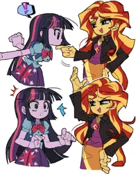 Size: 1560x1960 | Tagged: safe, artist:jwnn_, derpibooru import, sunset shimmer, twilight sparkle, equestria girls, g4, backpack, breasts, clothes, cutie mark, cutie mark on clothes, duo, duo female, exclamation point, eyebrows visible through hair, eyeshadow, female, flick, frown, gritted teeth, hand on hip, image, jacket, jpeg, leather, leather jacket, lidded eyes, makeup, my little pony equestria girls, open jacket, open mouth, open smile, prank, rude, scene interpretation, shirt, simple background, skirt, t-shirt, teeth, white background