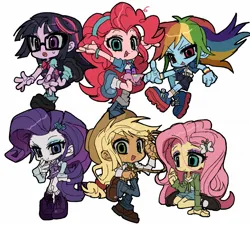 Size: 1599x1450 | Tagged: safe, artist:jwnn_, derpibooru import, applejack, fluttershy, pinkie pie, rainbow dash, rarity, sci-twi, twilight sparkle, equestria girls, g4, applejack's hat, boots, clothes, cowboy hat, denim, eyeshadow, female, flats, glasses, hat, image, jeans, jpeg, lasso, makeup, mane six, open mouth, pants, rope, shirt, shoes, simple background, skirt, sneakers, socks, t-shirt, white background