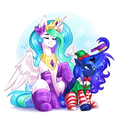 Size: 2536x2468 | Tagged: safe, artist:buvanybu, derpibooru import, princess celestia, princess luna, alicorn, pony, g4, bow, bowtie, clothes, crown, duo, duo female, eyes closed, female, folded wings, horn, image, jewelry, mare, partially open wings, peytral, png, raised hoof, regalia, royal sisters, siblings, sisters, sitting, smiling, socks, striped socks, wings