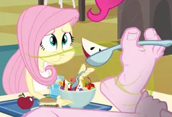 Size: 1050x720 | Tagged: safe, derpibooru import, edit, edited screencap, screencap, fluttershy, pinkie pie, equestria girls, g4, cafeteria, eating, feet, fetish, food, foot fetish, foot focus, image, playing with food, png, smelly feet