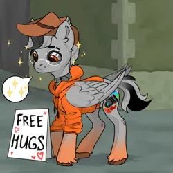 Size: 1024x1024 | Tagged: safe, artist:princess ice color twinkle, derpibooru import, oc, unofficial characters only, pegasus, background, brown hat, camera butt mark, chat bubble, circle glasses, folded wings, free hugs singboard, gray mane, gray skin, gray tail, hollow red hearts, image, jewelry, looking down, necklace, orange eyes, orange hoodie, orange hooves, pegasus oc, png, smiling, sparkles, sparkles in chat bubble, stallion oc, tail, two toned mane, two toned tail, wings