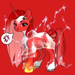 Size: 1024x1024 | Tagged: safe, artist:princess ice color twinkle, derpibooru import, lightning bolt, white lightning, oc, unofficial characters only, unicorn, angry, bite lips, chat bubble, eyelashes, fire under hoof, horn, image, long mane, long tail, mare oc, nervous symbol, pencil cutie mark, plastic colorless dress, png, red background, red ear accessory, red eyes, red mane, red tail, simple background, sulking, tail, white chest, white forhead, white hooves