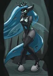 Size: 1640x2360 | Tagged: safe, alternate version, artist:stirren, derpibooru import, queen chrysalis, anthro, changeling, g4, bodysuit, cave, cavern, clothes, commission, crown, eyes rolling back, image, jewelry, knees pressed together, latex, latex suit, living clothes, living suit, pleasure, png, ponysuit, regalia, smiling, wings, ych result