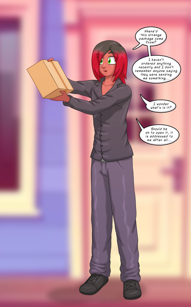 Size: 1250x2000 | Tagged: safe, artist:runningtoaster, derpibooru import, oc, unofficial characters only, human, equestria girls, g4, holding, image, male, package, png, solo, speech bubble, transformation, transformation sequence, transgender transformation