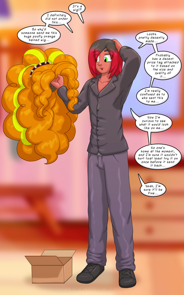 Size: 1250x2000 | Tagged: safe, artist:runningtoaster, derpibooru import, adagio dazzle, oc, unofficial characters only, human, equestria girls, g4, holding, image, male, package, png, solo, speech bubble, transformation, transformation sequence, transgender transformation, wig