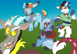 Size: 1500x1050 | Tagged: safe, artist:detectivecoon, derpibooru import, discord, rainbow dash, shining armor, trixie, dinosaur, donkey, draconequus, pony, unicorn, g4, furry, furry to pony, horn, hypno eyes, hypnosis, image, kaa eyes, png, transformation, trio, unshorn fetlocks