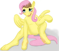 Size: 1080x927 | Tagged: safe, artist:termyotter, derpibooru import, fluttershy, human, pegasus, pony, g4, blushing, human to pony, image, jpeg, open mouth, simple background, sitting, solo, transformation, white background