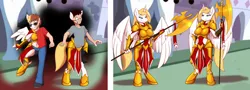 Size: 5000x1800 | Tagged: safe, artist:tomek1000, derpibooru import, oc, oc:angel steel, unofficial characters only, alicorn, anthro, human, unguligrade anthro, armor, axe, bored, duo, fantasy class, female, high res, human to anthro, image, knight, male, male to female, multeity, paladin, png, reality shift, rule 63, transformation, transgender transformation, twinning, warrior, weapon