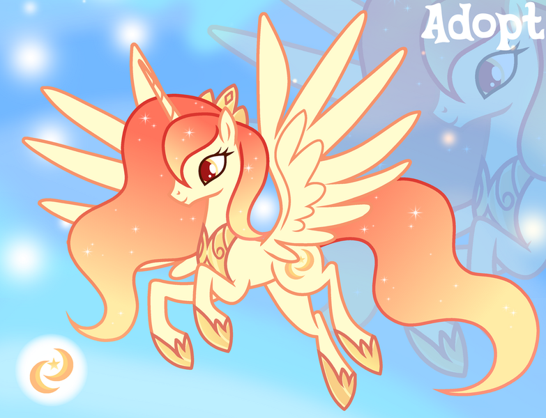 Size: 1280x981 | Tagged: safe, artist:vi45, derpibooru import, oc, unofficial characters only, alicorn, pony, adoptable, alicorn oc, colored pupils, concave belly, ethereal mane, eyelashes, female, female oc, flying, gradient background, gradient mane, gradient tail, hoof shoes, horn, image, jewelry, long horn, long mane, long tail, mare, mare oc, orange eyes, orange mane, orange tail, peytral, png, princess shoes, profile, raised hoof, raised hooves, red pupils, slender, smiling, solo, spread wings, starry mane, starry tail, tail, thin, tiara, unicorn horn, wavy mane, wavy tail, wings, yellow coat, zoom layer