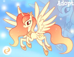 Size: 1280x981 | Tagged: safe, artist:vi45, derpibooru import, oc, unofficial characters only, alicorn, pony, adoptable, alicorn oc, colored pupils, concave belly, ethereal mane, eyelashes, female, female oc, flying, gradient background, gradient mane, gradient tail, hoof shoes, horn, image, jewelry, long horn, long mane, long tail, mare, mare oc, orange eyes, orange mane, orange tail, peytral, png, princess shoes, profile, raised hoof, raised hooves, red pupils, slender, smiling, solo, spread wings, starry mane, starry tail, tail, thin, tiara, unicorn horn, wavy mane, wavy tail, wings, yellow coat, zoom layer