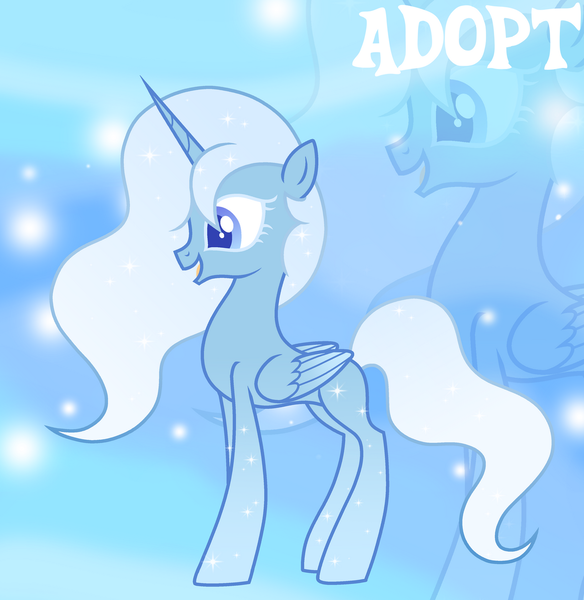 Size: 1280x1315 | Tagged: safe, artist:vi45, derpibooru import, oc, unofficial characters only, alicorn, pony, adoptable, alicorn oc, blank flank, blue coat, blue eyelashes, blue eyes, blue pupils, blue wingtips, colored eyelashes, colored pupils, colored wings, concave belly, ethereal mane, female, female oc, folded wings, gradient background, gradient eyes, gradient legs, gradient wings, gradient wingtips, horn, image, light blue mane, light blue tail, long horn, mare, mare oc, open mouth, open smile, png, profile, slender, smiling, solo, sparkles, sparkly coat, sparkly legs, sparkly mane, sparkly tail, standing, starry coat, starry legs, starry mane, starry tail, tail, thin, two toned wings, unicorn horn, wavy mane, wavy tail, wings, zoom layer