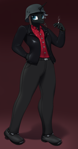 Size: 2756x5270 | Tagged: safe, artist:thehuskylord, derpibooru import, oc, oc:crimson(red), anthro, plantigrade anthro, unicorn, belt, biker jacket, button-up shirt, cigarette, clothes, hand in pocket, helmet, horn, image, jacket, leather, png, shirt, shoes, smoke, straps, unicorn oc