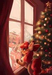 Size: 2115x3066 | Tagged: safe, artist:polnocnykot, derpibooru import, apple bloom, big macintosh, earth pony, pony, g4, against glass, apple bloom's bow, bow, chest fluff, christmas, christmas lights, christmas presents, christmas tree, curtains, cute, duo, duo male and female, ear fluff, female, freckles, garland, glass, hair bow, hat, holiday, image, jpeg, looking at each other, looking at someone, male, open mouth, open smile, present, santa hat, smiling, standing, tree, unshorn fetlocks, window, winter