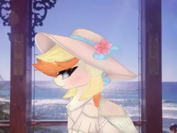 Size: 2664x1997 | Tagged: safe, artist:sodapop sprays, derpibooru import, oc, oc:sodapop sprays, unofficial characters only, pegasus, pony, blushing, bow, chest fluff, clothes, eye clipping through hair, flower, flower in hair, freckles, hair bow, hat, hawaii, image, looking at you, ocean, png, solo, summer clothes, summer hat, water