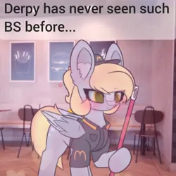 Size: 2664x2664 | Tagged: safe, artist:sodapop sprays, derpibooru import, part of a set, derpy hooves, pegasus, pony, series:derpy can't catch a break, g4, blushing, broom, clothes, eye clipping through hair, hat, image, mcdonald's, png, solo, text