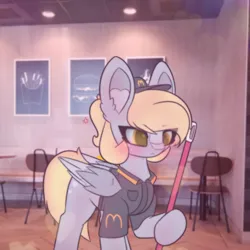 Size: 2664x2664 | Tagged: safe, artist:sodapop sprays, derpibooru import, part of a set, derpy hooves, pegasus, pony, series:derpy can't catch a break, g4, :c, >:c, blushing, broom, eye clipping through hair, frown, hat, image, mcdonald's, png, solo