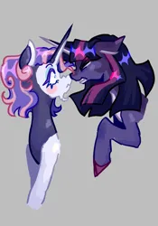 Size: 1431x2048 | Tagged: safe, artist:whimday, derpibooru import, rarity, twilight sparkle, twilight sparkle (alicorn), alicorn, pony, unicorn, g4, alternate hairstyle, beard, blushing, boop, duo, duo female, facial hair, female, gray background, horn, image, jpeg, lesbian, mare, markings, noseboop, open mouth, redesign, ship:rarilight, shipping, simple background, unshorn fetlocks