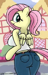 Size: 1800x2800 | Tagged: suggestive, artist:an-tonio, artist:red-flareon, derpibooru import, fluttershy, anthro, pegasus, semi-anthro, g4, arm hooves, ass, breasts, butt, clothes, denim, female, image, jeans, jpeg, midriff, pants, plot, ponytail, ponyville, solo, tanktop