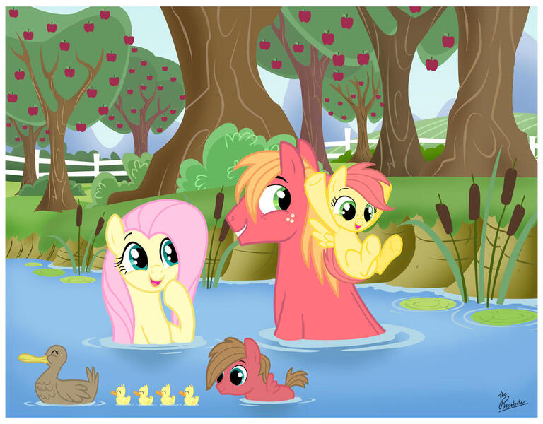 Size: 1168x913 | Tagged: safe, artist:thephoebster, derpibooru import, big macintosh, fluttershy, oc, oc:bismarck, oc:suncrisp, bird, duck, earth pony, pegasus, pony, g4, apple, apple orchard, apple tree, cattails, colt, duckling, female, filly, fluttermac, foal, food, image, jpeg, male, mare, offspring, orchard, parent:big macintosh, parent:fluttershy, parents:fluttermac, reeds, shipping, stallion, straight, swimming, tree, water, wet, wet mane