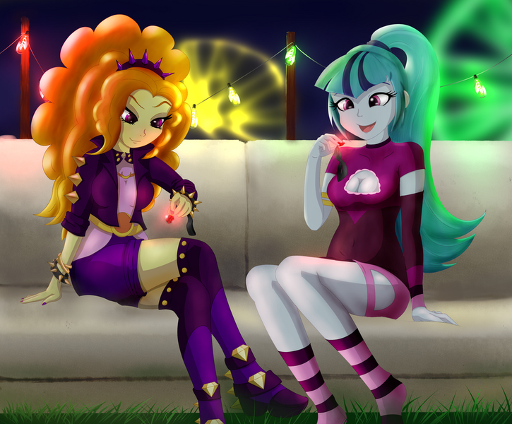 Size: 1024x848 | Tagged: safe, artist:kuya64, derpibooru import, adagio dazzle, sonata dusk, human, equestria girls, g4, boob window, bracelet, breasts, cleavage, clothes, couch, duo, duo female, female, gem, image, jacket, jewelry, leather, leather jacket, legs, my little pony equestria girls: better together, png, siren gem, smiling, spiked headband, spiked wristband, taco dress, wristband