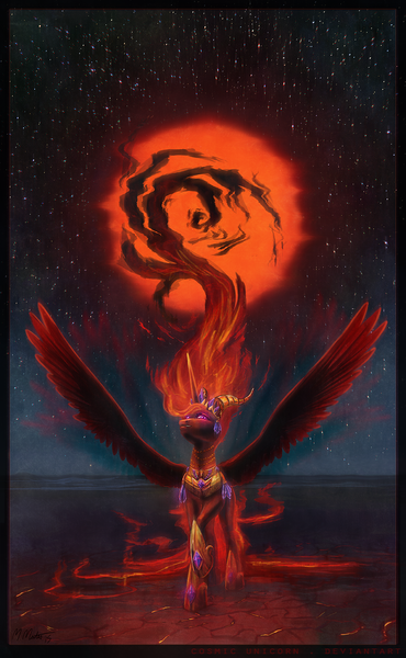 Size: 1200x1948 | Tagged: safe, artist:cosmicunicorn, derpibooru import, nightmare star, princess celestia, alicorn, pony, g4, female, image, lava, mare, png, raised hoof, red sun, solo, spread wings, stars, sun, wings