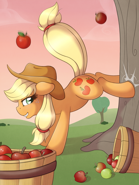 Size: 2121x2828 | Tagged: safe, artist:ratofdrawn, derpibooru import, applejack, earth pony, pony, g4, apple, apple/apples falling, babscon, babscon 2014, basket, bucking, female, food, hat, heart, heart eyes, image, mare, png, solo, tree, wingding eyes