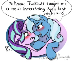 Size: 2631x2280 | Tagged: safe, artist:jen-neigh, derpibooru import, starlight glimmer, trixie, pony, unicorn, g4, bedroom eyes, blushing, dialogue, duo, female, floppy ears, heart, horn, image, lesbian, looking at each other, looking at someone, mare, png, shipping, shrunken pupils, smiling, startrix, this will end in snu snu and/or tears