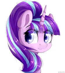 Size: 1300x1450 | Tagged: safe, artist:mitralexa, derpibooru import, starlight glimmer, pony, unicorn, g4, bust, cute, eye clipping through hair, eyebrows, eyebrows visible through hair, female, glimmerbetes, horn, image, mare, png, portrait, s5 starlight, simple background, smiling, solo, white background