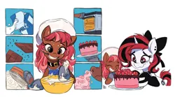 Size: 1618x900 | Tagged: safe, artist:fanzeem, derpibooru import, oc, oc:lilith, unofficial characters only, pony, unicorn, apron, baking, batter, beater, bow, bowl, cake, cheesecake, chef's hat, chocolate, clothes, collar, eyes closed, female, flour, food, hair bow, hat, horn, image, ingredients, jpeg, mare, milk, mouth hold, oven, oven mitts, plate, sieve, smelling, smiling, strawberry, unicorn oc