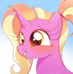 Size: 1024x1040 | Tagged: safe, artist:nnaly, derpibooru import, luster dawn, pony, unicorn, g4, blushing, bust, cute, female, horn, image, jpeg, lusterbetes, mare, portrait, signature, smiling, solo, sparkles, sparkly eyes, wingding eyes