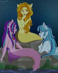 Size: 1024x1280 | Tagged: suggestive, artist:silbersternenlicht, derpibooru import, adagio dazzle, aria blaze, sonata dusk, anthro, mermaid, siren, equestria girls, g4, aside glance, casual nudity, eyes closed, female, gem, human facial structure, image, lidded eyes, looking at you, night, nudity, open mouth, png, rock, sideways glance, singing, siren gem, sirens doing siren things, smiling, stars, the dazzlings, thick eyebrows, trio, water