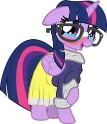 Size: 2000x2327 | Tagged: safe, artist:eagle1division, derpibooru import, twilight sparkle, twilight sparkle (alicorn), alicorn, pony, g4, adorkable, blushing, broken glasses, clothes, crying, cute, daaaaaaaaaaaw, dork, female, floppy ears, glasses, image, looking at you, mare, meganekko, open mouth, png, raised hoof, skirt, smiling, solo, sweater, tears of joy, turtleneck, twiabetes, twilight glasses