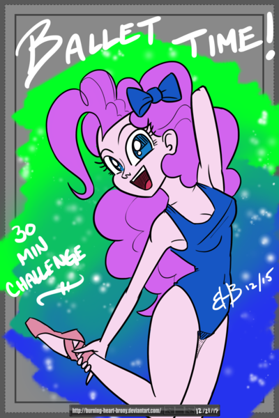 Size: 2000x3000 | Tagged: safe, artist:burning-heart-brony, derpibooru import, pinkie pie, human, equestria girls, g4, 30 minute art challenge, :d, arm behind head, armpits, ballerina, ballet, ballet slippers, bow, breasts, cleavage, clothes, female, hair bow, happy, image, jumping, leotard, looking at you, open mouth, open smile, png, smiling, solo