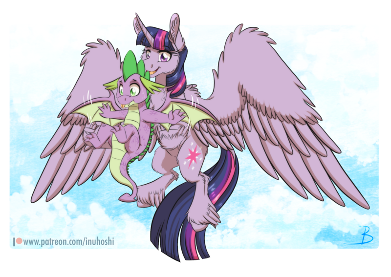 Size: 1800x1275 | Tagged: safe, artist:inuhoshi-to-darkpen, derpibooru import, spike, twilight sparkle, twilight sparkle (alicorn), alicorn, dragon, pony, g4, molt down, :p, butt, cheek fluff, chest fluff, cloud, cute, duo, ear fluff, feathered fetlocks, female, flying, image, large wings, male, mama twilight, mare, my little pony, patreon, patreon logo, png, silly, simple background, sky, spread wings, teaching, tongue out, transparent background, unshorn fetlocks, winged spike, wings